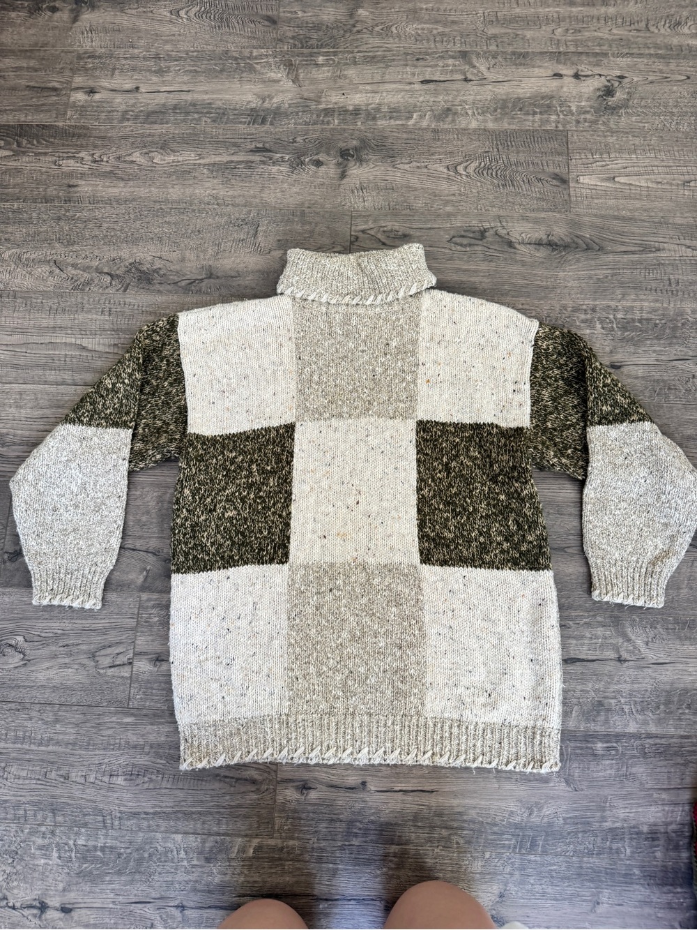 Patchwork Knit Cowl Neck Sweater in Cream and Olive